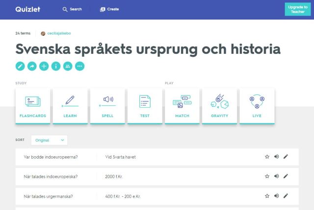 Quizlet språkhistoria