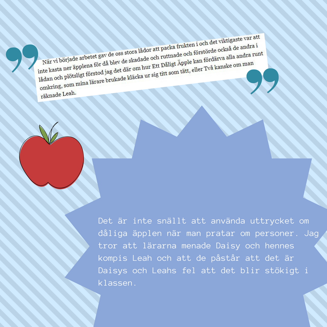 Det är inte snällt att använda uttrycket om dåliga äpplen när man pratar om personer. Jag tror att lärarna menade Daisy och hennes kompis Leah och att de påstår att det är Daisys och Leahs fel att det blir s.png
